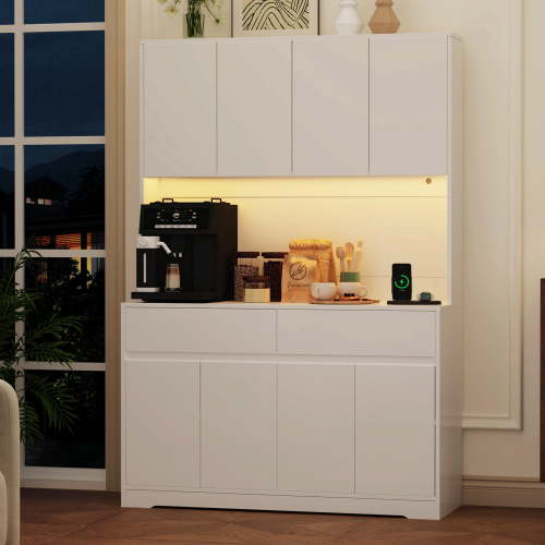 71'' Tall Coffee Bar Cabinet with LED Light & Power Charging Station, 47"W Modern Kitchen Pantry Hutch w/ 8-Door Storage Cabinet & 2 Drawers 4 Adjustable Shelves