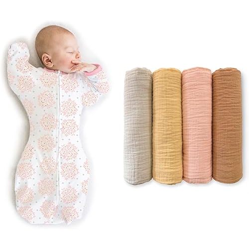 SwaddleDesigns Baby Swaddle Set, Pink Heavenly Floral, 0-3 Mo Transitional Swaddle Sack with Arms Up Half-Length Sleeves & Mitten Cuffs and Cotton Muslin Swaddle Blankets 4pk, Tuscan Sun