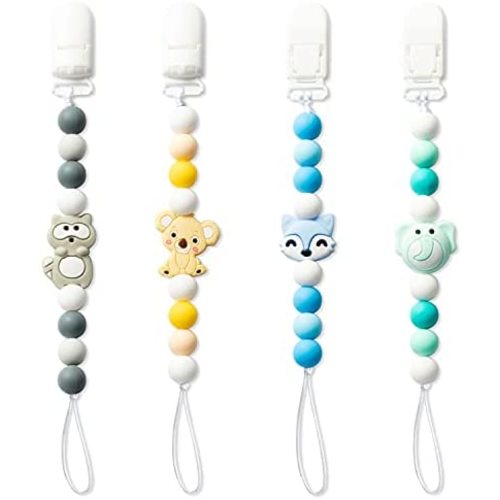 4 Pcs Animal Silicone Pacifier Clip for Babies Infant Teething Soothie Toy Fox Koala Squirrel Elephant Pacifier Clip Babies Teethers Clips Silicone Bead Pacifier Clip for Baby Shower Birthday Gift