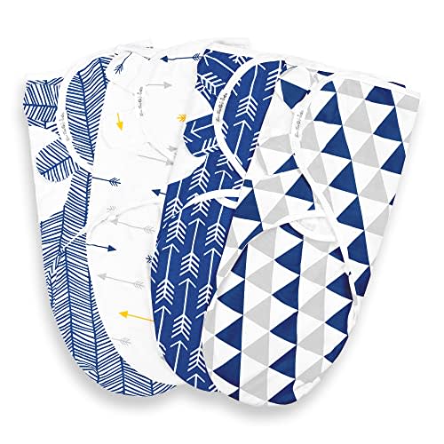 BaeBae Goods Swaddle Blanket, Adjustable Infant Baby Swaddling Wrap Set of 4, Baby Swaddling Wrap Blankets for Boys and Girls Made in Soft Cotton (Navy/Grey Triangles, 3-6 Months)