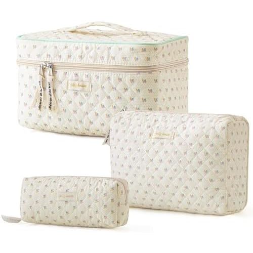 HBselect Quilted Makeup Bag, 3PCS Cotton Large Travel Makeup Bag, Cute Floral Coquette Make up Bag Cosmetic Bag Toiletry Bag for Women Girls