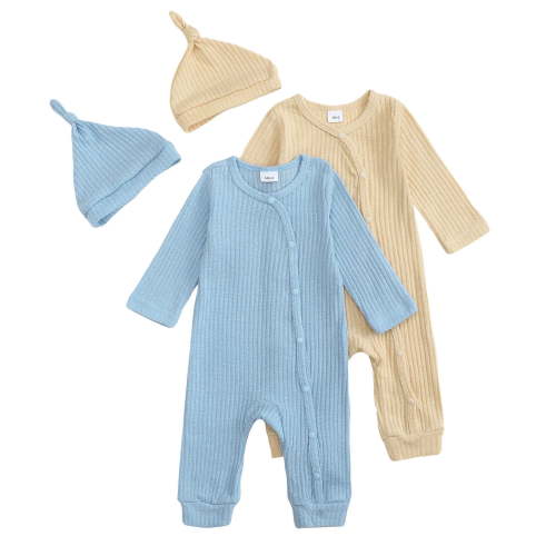 Actgleam Newborn Baby Boys Girls Pajamas with Hat Long Sleeve Button Solid Bodysuit Romper 2-Pack,0-3 Months