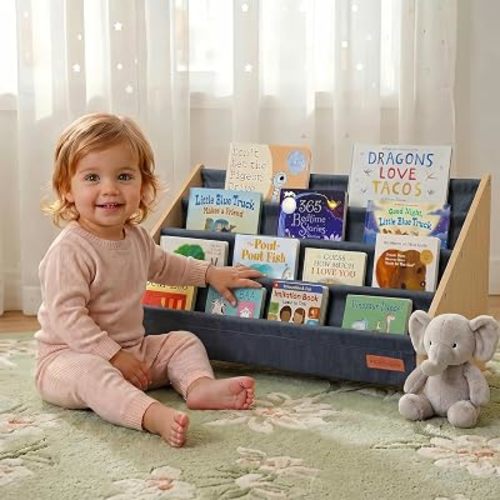 PERFNIQUE Montessori Kids Bookshelf, Wooden Front-Facing Baby Bookcase Organizer for Toddlers, 4-Tier Sling Decorative Book Rack with Deep Pockets for Kid Rooms, Nursery, Playroom & Reading Corner