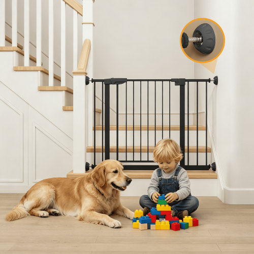 Leumius 29.5-45.3" Wide Baby Gate with Wall Protector for Stairs and Doorways, No Drilling Pressure Mounted Pet Gates for Kids, Easy Walk Through Safety Gate Black