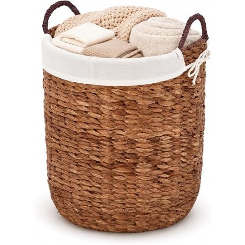 Round Woven Laundry Basket with Removable Liner, Handwoven Water Hyacinth Clothes Hamper Basket with Handles