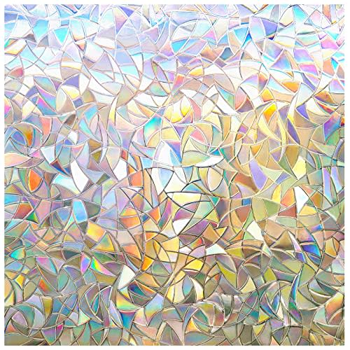 rabbitgoo Window Privacy Film Rainbow Film Decorative Window Sticker, 3D Static Stained Glass Cling Tint for Home Heat Control Non-Adhesive, 17.5 x 78.7 inches