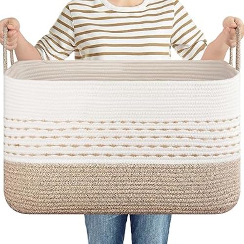 Large Blanket Basket for Toys, Pillow and Clothes, 75L Woven Storage Baskets for Blankets Living Room, Rectangle Cotton Rope Toy Basket with Handles-Brown & White