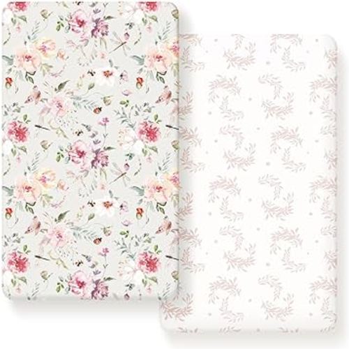 Fitted Crib Sheets Set 2 Pack, Ultra Soft Stretch Jersey Knit Crib Sheet Fit All Standard Crib Mattress Pads Safe and Snug, Crib Fitted Sheet for Baby, Beautiful Flowers and Insects Pattern