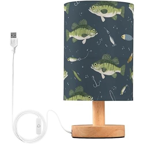 Table Lamp Fishes Bait Nightstand lamp Fabric Lamps with Wood Base Fabric Shade Bedside Desk Lamps for Bedroom Living Kids Room Desk Nursery Office Navy Home Decor