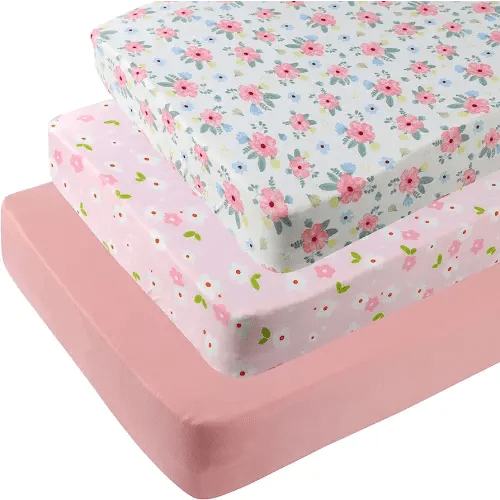 Onacosht Pack n Play Sheets 3 Pack Fitted for Baby Girl, Stretchy Jersey Knitted Portable Mini Crib Sheets Playard Mattress Cover, Pink Floral