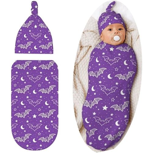 Lcokin Halloween Gothic Swaddle Blanket Hat Set for Boys Girls, Goth Baby Stuff Newborn Receiving Blanket