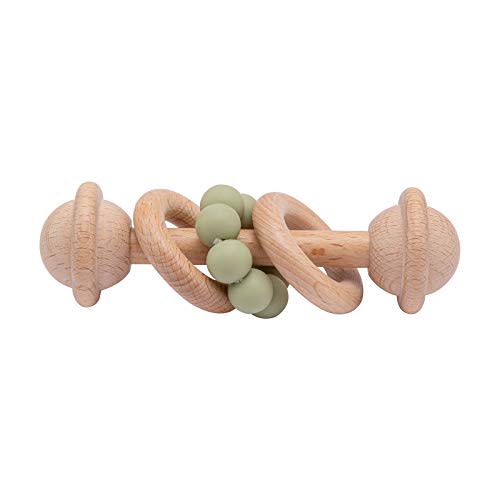Wooden Baby Rattle Silicone Beads Ring Grasping Toys for Babies Toddlers, Matcha Green