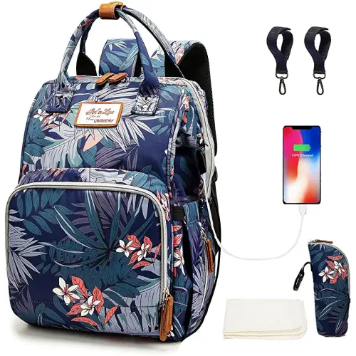 Floral Diaper Bag Backpack with USB Charging Port Stroller Straps and Insulated Pocket,Travel Nappy BackpackFor Women/Mum (Flower Pattern)