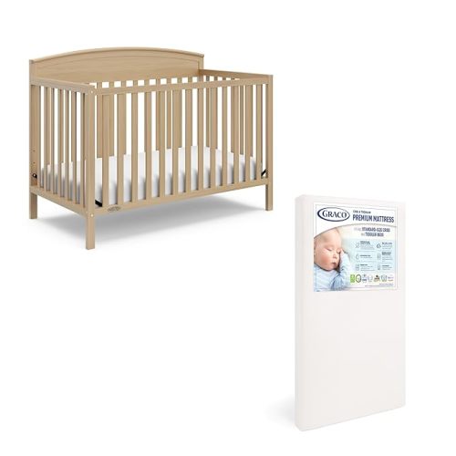 Graco Benton 5 in 1 Convertible Crib (GREENGUARD Gold Certified) with Premium Foam Crib and Toddler Mattress Included - Driftwood, Converts from Baby Crib to Toddler Bed, Daybed and Full-Size Bed