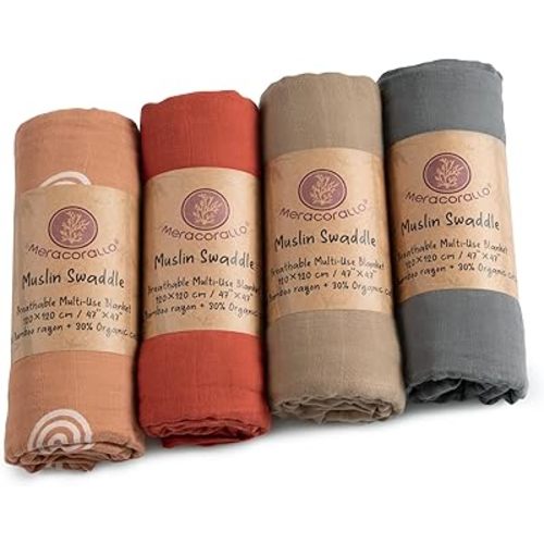 Meracorallo Muslin Swaddle Blanket, 4 Pack Rainbow Receiving Blankets Neutral Silky Soft Swaddle Wrap for Baby Boys and Girls, 47 x 47 inches