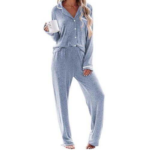 Ekouaer Womens Pajama Sets Long Sleeve Button Down 2 Piece Soft Pjs | Soft 2 Piece Lounge Sets, Fall Sleepwear, Long Pants With Side Pockets, Soft and Skin-Friendly Fabric