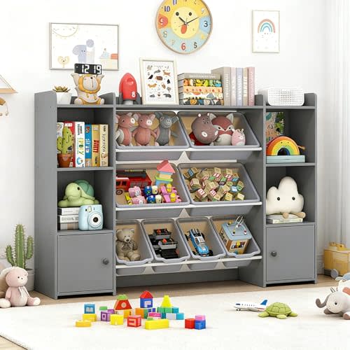 Costzon 56.5'' Kids Toy Storage Organizer w/ 8 Removable Bins, 4-Tier Toddler Bookshelf Cubbies, Preschool Children's Montessori Bookshelf w/6 Large Cabinet for Playroom, Daycare, Kids Room, Classroom