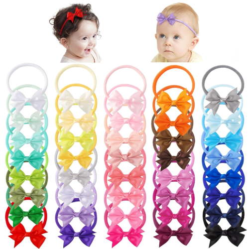 BZCOE 40Pcs Baby Girls Hair Bows Headbands Satin Silk Bow Nylon Hairband Accessories for Infants Newborn Toddler, Soft Baby Headband Bows (2.5In)