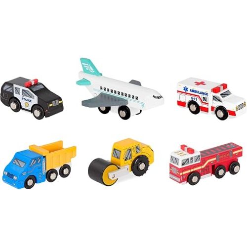 Battat Wooden Toy Cars, 6 Mini Rescue and Construction Vehicles, Set 2
