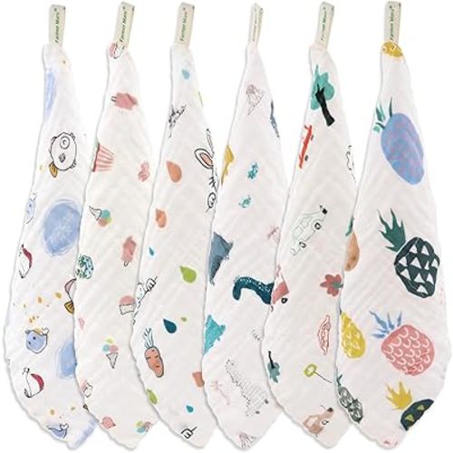 Muslin Baby Washcloths Set (6-Pack), 6-Layer Natural Cotton Infant Face Towel, Ideal for Sensitive Skin and Baby, Reusable Wipes Multipurpose 11.8 x 11.8 inches (Square)