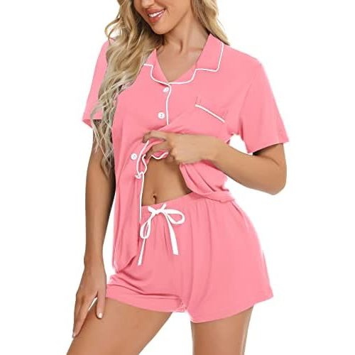 SWOMOG Womens Button Down Pajamas Set Short Sleeve Sleepwear Bride Soft Pj Lounge Sets XS-3XL