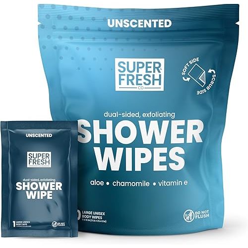 Super Fresh Shower Wipes Large Unscented Body Wipes for No Rinse Bathing Personal Hygiene Gym Travel Camping Enriched with Aloe and Vitamin E 10 Individually Wrapped Disposable Sheets