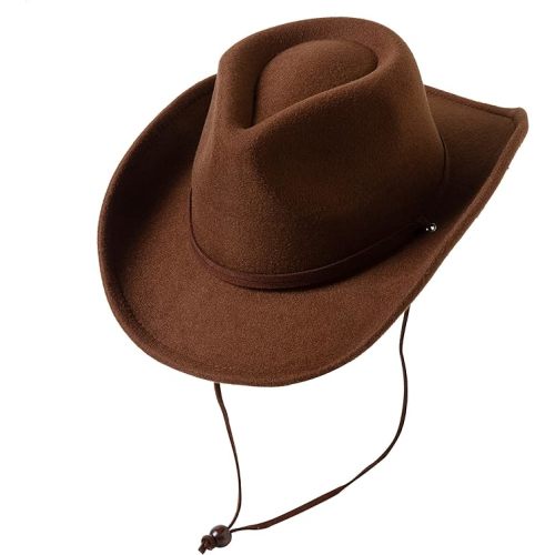 Kids Girls Boys Wide Brim Western Cowboy Cowgirl Hat with Wind Lanyard Felt Fedora Hat