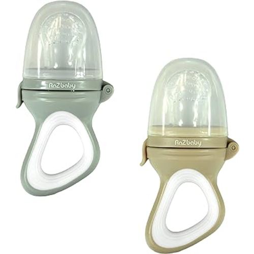 RaZbaby Baby Solids/Frozen Fruit Feeder Pacifier, Infant Teether Toy 6M+, BPA-Free Silicone Pouch & Nipple, Safely Introduce Solids, Teething Relief, Dishwasher Safe, Freezable, 2-Pack – Grey & Tan
