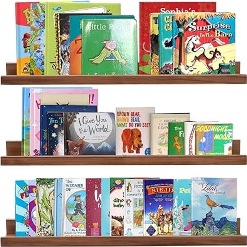 AZSKY Floating Photo Shelves Fair Light Walnut 24 Inch Picture Ledge for Storage Wall Book Shelves Hanging Picture Photo Frame Ledge Shelves with Lip a Set of 3 Same Sizes Kitchen Spice Rack