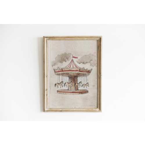 Vintage Carousel Nursery Art Whimsical Merry Go Round Print Antique Carnival Ride Earth Tone Nursery Decor Retro Amusement Park Art VBC8-A1