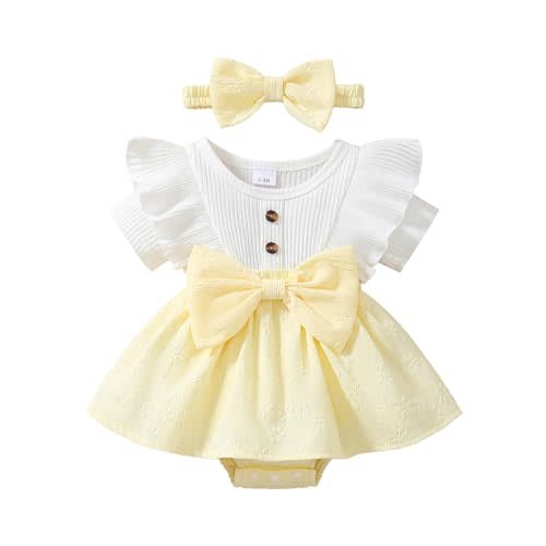 Baby Girl Summer Clothes Newborn Romper Dress Ruffle Short Sleeve Onesie Jumpsuit Outfits with Bow Headband