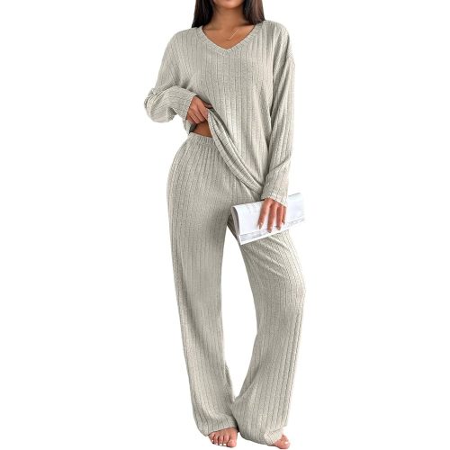 Ekouaer Lounge Sets for Women Long Sleeve Knit Ribbed Pajama Sets 2 Piece Casual Loungewear with Pockets
