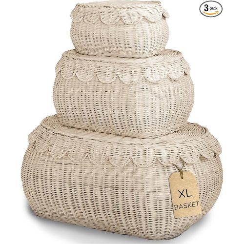 BEBE BASK Large Scalloped Basket Set Of 3 - Hand-Woven & Award-Winning Scallop Basket - XL - Extra Large for Blankets 22 x 16 x 10 In - Elegant Wicker With Scalloped Edge Lid (Natural)