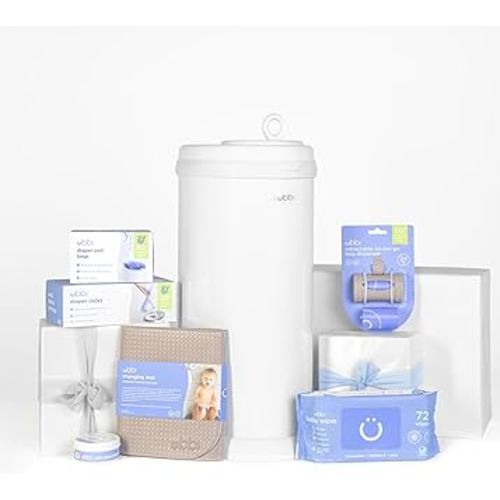 Ubbi Diaper Changing Value Gift Set, Includes White Diaper Pail, Absorbing Gels, Travel Changing Mat, Pail Waste Bags, On-The-Go Waste Sacks & Bag Dispenser, & Baby Wipes, Baby Registry Gift
