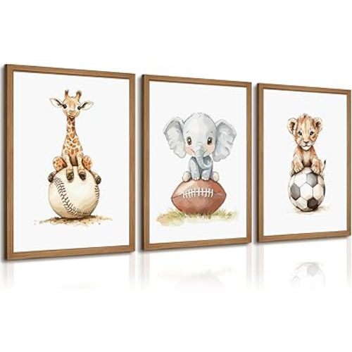 Sports Nursery Wall Art Baby Boys Room Canvas Pictures Safari Animal Wall Decor Jungle Nursery Prints Kids Poster Cute Painting Football Soccer Baseball Artwork for Bedroom 16x24x3 Inch Wood Framed