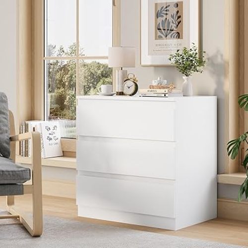 White Wood Dresser for Bedroom, 3 Drawer Dresser for Clothes Storage, Modern Dressers with Wide Drawers, Wide Wooden Chest Drawers for Living Room, Entryway, TV Stand