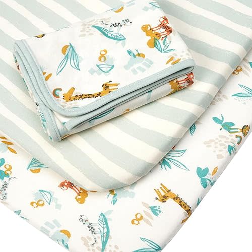 Tutti Bambini Bedside Crib Starter Pack | 2 Crib Fitted Sheets with an Interlock Coverlet | Run Wild