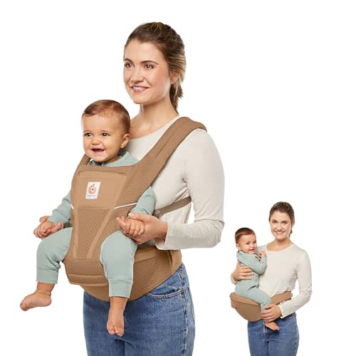 Ergobaby Alta 2-in1 Hip Seat and Carrier - All-Position Breathable Mesh Baby Carrier for 4 Months to 48 Months (12lbs - 45lbs) - SoftFlex™ Mesh - Camel Brown