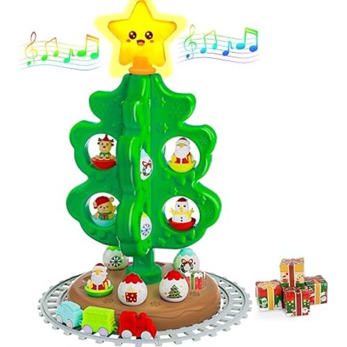 My First Christmas Tree for Kids, Light Up Star Musical Toy Toddler Christmas Tree Decoration Toy Set with Colorful Ornaments DIY Train&Track, Roly Poly Toys, Finger Puppets Xmas Gifts for Boys Girl