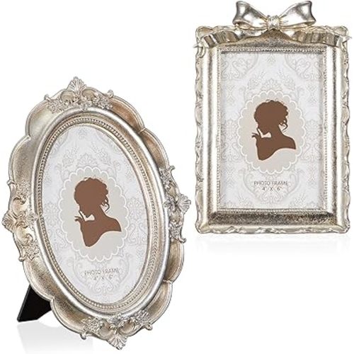 Qunclay 2 Pcs Vintage Photo Frames Antique Baroque Ornate Resin Rectangle Oval Picture Frames with Glass Front Tabletop and Wall Decor for Home Wedding(Silver,4 x 6 Inches)