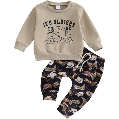 SAYOO Western Baby Boy Clothes Cow Print Sweatshirt Pullover Top Jogger Pants 2Pcs Toddler Boy Cowboy Fall Winter Outfits