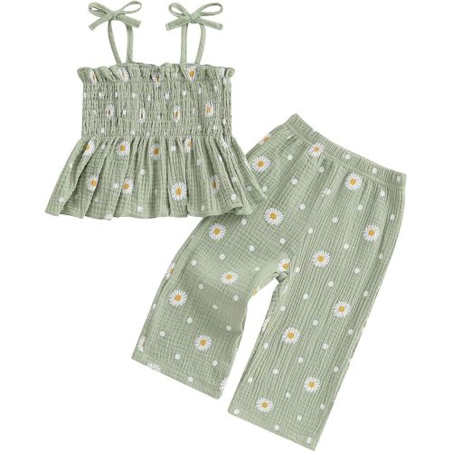 Kaipiclos Toddler Girl Clothes Baby Summer Outfits Daisy Print Sleeveless Smocked Camisole Linen Pants 12 18 24 Month 3T 4T