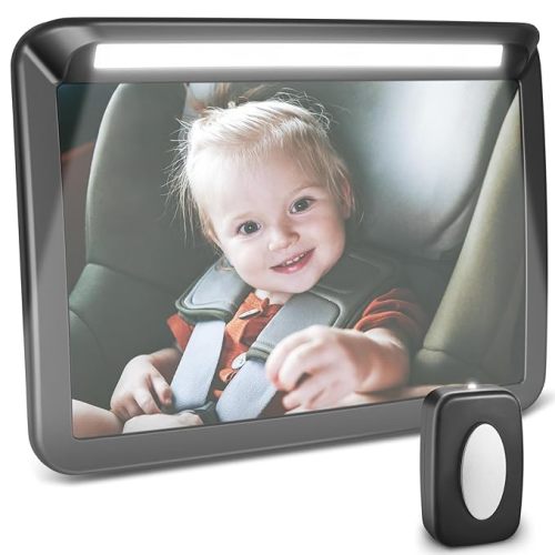 Zacro Baby Car Mirror with Night Light, 3 Brightness Safety Rear Facing Car Seat Mirror with Remote Control, Shatterproof Car Mirror Baby Rear Facing Seat, 360° Rotatable