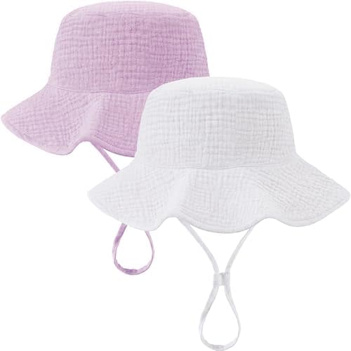 2 Pack Muslin Baby Sun Hat UPF 50+ Sun Protection Baby Bucket Hat with Wide Brim Beach Hats for Boys Girls