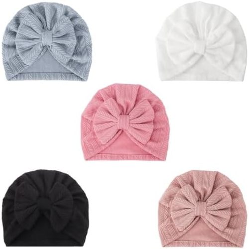 DRESHOW BQUBO 5 Pieces Newborn Baby Turban Hats Bow Baby Infant Beanie Breathable Toddler Cap for Baby Girls