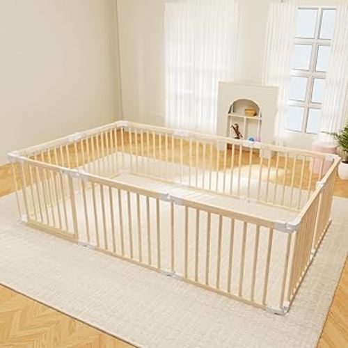 Baby Playpen, Foldable Wooden Play Yard with Gate, Playpen for Babies and Toddlers, Adjustable Baby Activity Center with Child Proof Lock, Fence Play Area for Toddlers 6 to 36 months(56*83*24inch)