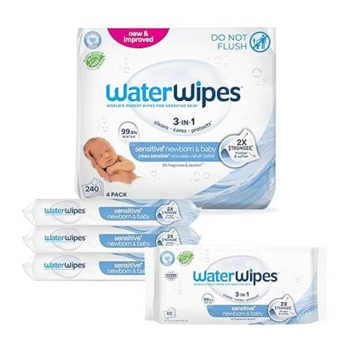 WaterWipes Sensitive+ Newborn & Baby Wipes, 3-In-1 Cleans, Cares, Protects, 99.9% Water, Unscented & Hypoallergenic, 240 Count (4 Packs)