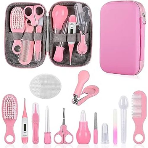 Baby Grooming Kit, Infant Safety Care Set with Hair Brush Comb Nail Clipper Nasal Aspirator,Baby Essentials Kit for Newborn Girls Boys (Pink Baby Grooming kit)