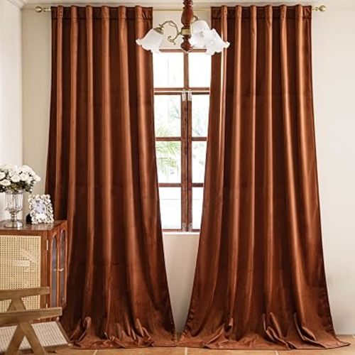 84 inches 2 Panels, Burnt Orange Blackout Luxury Velvet Curtains Thermal Insulated Heat Block Soundproof Window Panels Soft Drapes for Bedroom Living Room, Rod Pocket & Back Tab, W52 x L84