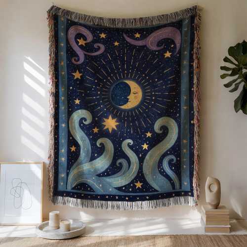 Celestial Moon Woven Blanket: Cotton Jacquard Throw, Boho Bedspread